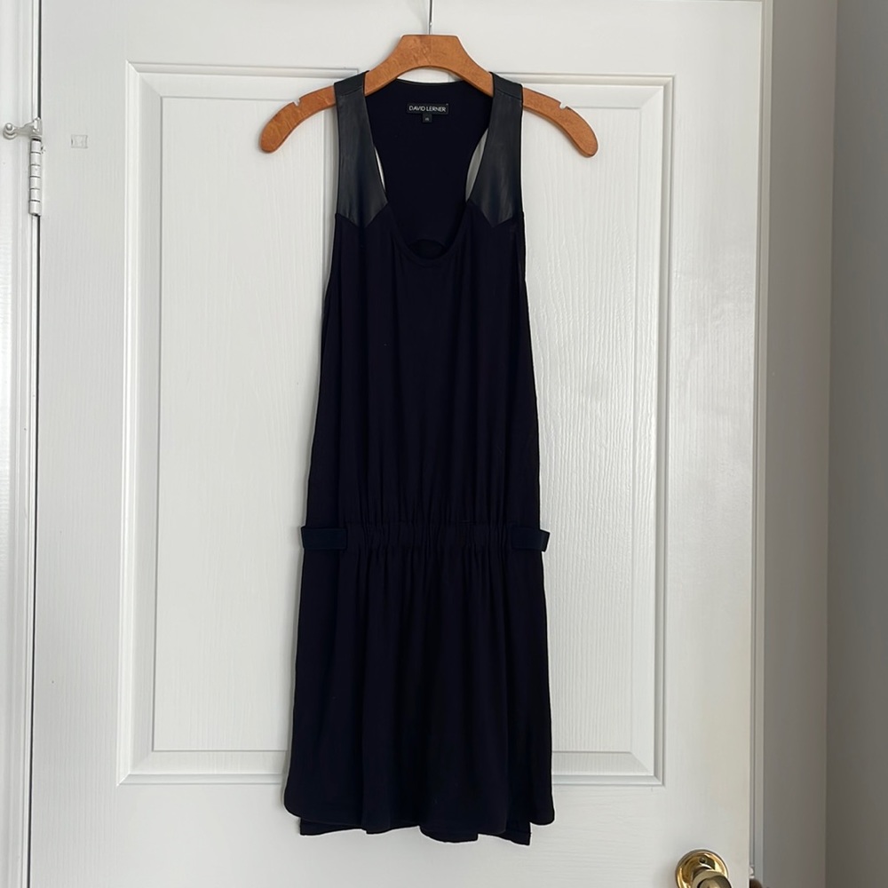 David Lerner black dress with faux leather trim